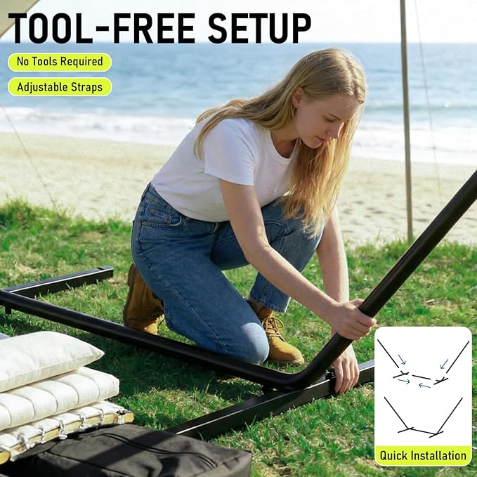 FULIYE Double Hammock with Stand for Outdoor，2 Person Heavy Duty Portable Hammock with Adjustable Steel Stand and Balance Ropes Included – for Patio, Backyard, Garden, Beach((Beige)
