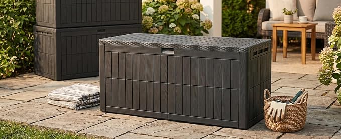 100 Gallon Outdoor Storage Box, Water proof Resins Deck Box with Lockable Lid, U V Resistants for Patio Furniture Garden Tools Pool Supplies 160x77x68cm / 63.0x30.3x26.8in