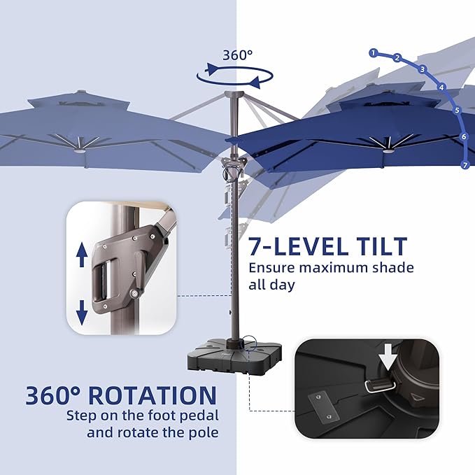 9 X 12 FT Cantilever Outdoor Patio Umbrella with Base Included Large Heavy Duty 360° Rotation Double Top Offset Rectangular Umbrellas with LED Lights for Backyard Outside Deck, Navy