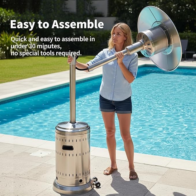 50,000 BTU Outdoor Propane Patio Heater with Wheels – All-Stainless Steel Gas Heater, Weighted Base, Easy Ignition & Safety Tilt Shut-Off for Patio, Backyard, Garden & Commercial Use