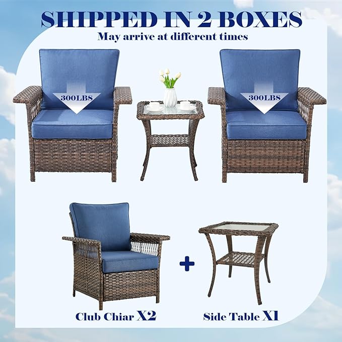Outdoor Patio Chairs Wicker Chair - 3 Piece Rattan Patio Bistro Chairs Set with Sturdy Frame,All-Weather PE Wicker and Comfortable Cushions,1 Side Table for Outside Porch Deck Balcony(Brown/Blue)