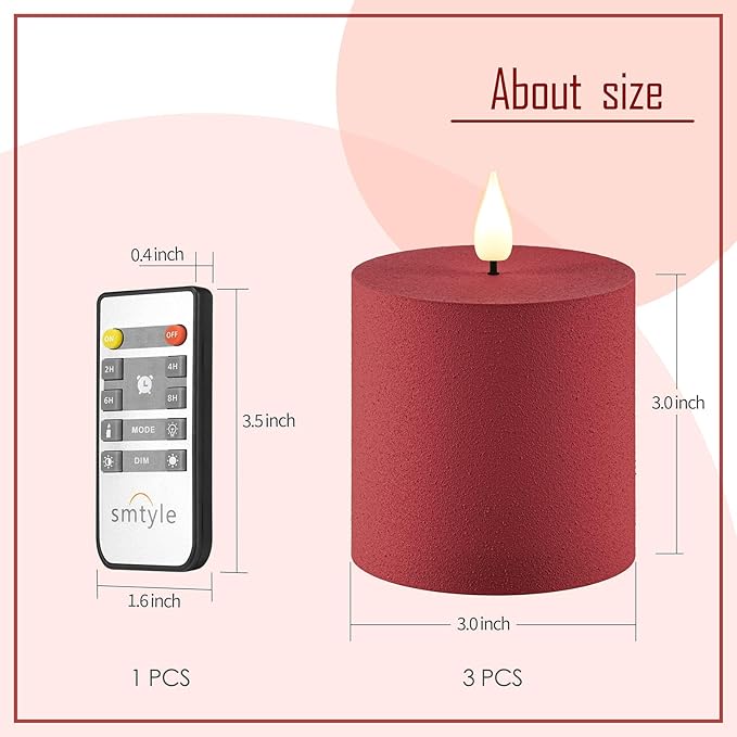 smtyle Christmas Red Flameless Plastic Pillar Candles 3x3 Vintage Color with Battery Operated Fake Flickering Candles Smart Remote - Perfect for Rustic Farmhouse Table Decorations & Indoor Room