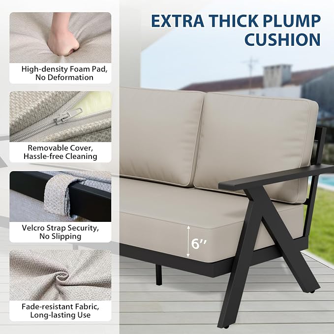 COOS BAY Iron Luxe 5 Piece Outdoor Patio Furniture Set, Modern Patio Conversation Set with 2 Patio Chairs, a 3 Seat Couch, Coffee Table & Side Table for Deck, Garden, Porch, Black/Beige