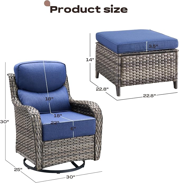 Rilyson Outdoor Patio Furniture Set - Weather Resistant Wicker,High Back,6 inch Cushions,4 Piece Patio Furniture Set with Swivel Rocker Chairs and Ottomans for Deck Porch Yard,Mixed Grey/Blue