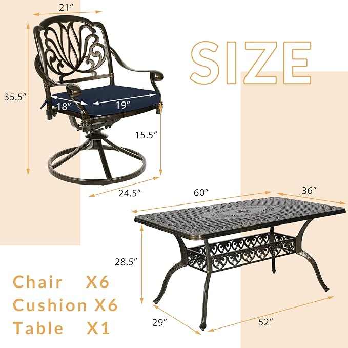 7-Piece Outdoor Patio Dining Set, 60” Rectangular Cast Aluminum Dining Table with Umbrella Hole and 6 Cushioned Swivel Rocker Chairs, Patio Funiture Set for Backyard, Patio, Garden, Navy