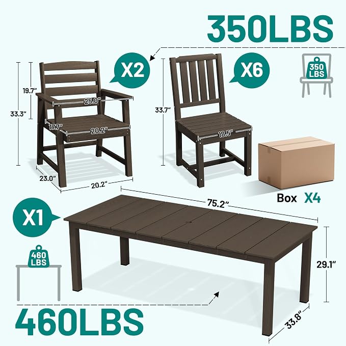 PLUUV 9-Piece Outdoor Patio Dining Set – HDPE Dining Table with Aluminum Legs and Umbrella Hole, 8 Chairs & 1 Table, All-Weather Patio Furniture Set for Garden Deck Backyard, Coffee