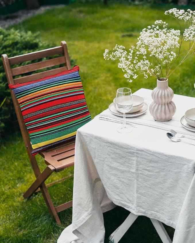 Outdoor Waterproof Throw Pillows Mexican Colorful Stripes Patio Pillows Pack of 1,Decorative Pillow Covers with Insert,Pillow Cushion Case for Garden Couch Sofa Rainbow Lines Ethnic Style