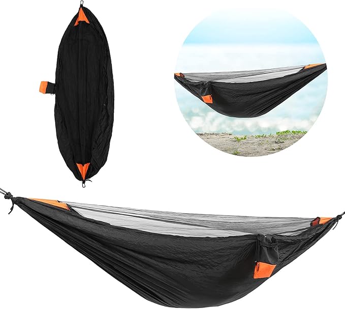 Camping Hammock with Mosquito Net,Single Hammock,Camping Hammock Lightweight, Nylon Camping Bed Net Swing 280x140cm (Black + Orange)