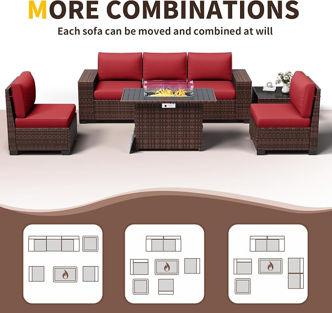 Patio Furniture with Fire Pit Table,8‘’ Wide armrest Outdoor Sectional Rattan Sofa Set, Wicker Patio Furniture Sets w/Coffee Table,Thick Cushions and Cover for Porch, Balcony,7PC (Brown&Wine)