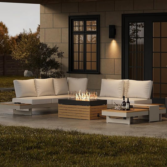 homary Patio Conversation Sets with Fire Pit-Modular Outdoor Sofa Aluminum & Teak Sofa Set with Glass Wind Guard Ideal for Patios & Balconies, Light Gray