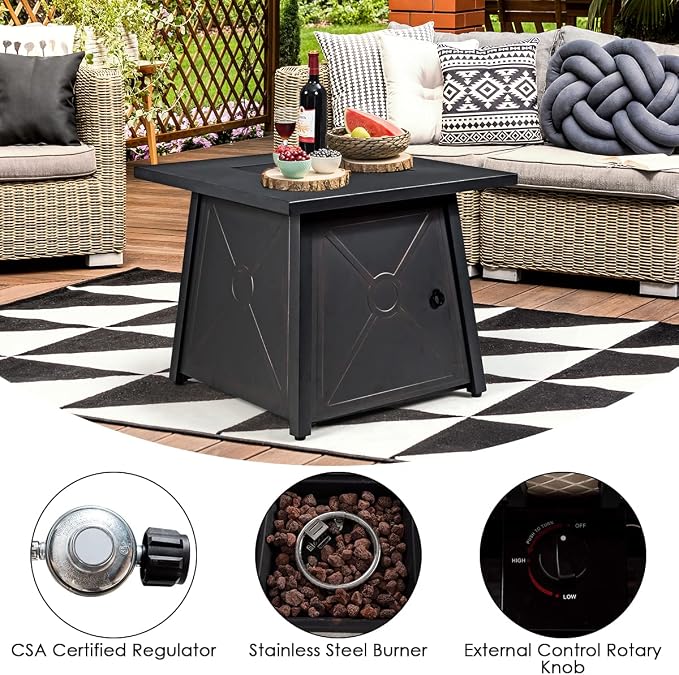 Tangkula 5 Piece Patio Furniture Set with 50,000 BTU Propane Fire Pit Table, Outdoor Wicker Conversation Set w/Cushions, Storage Box and Tempered Glass Coffee Table, 30" Gas Fire Pit Table (Red)