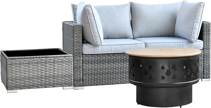 HOOOWOOO 4-Piece Outdoor Wicker Patio Furniture Set, Modular Sectional Sofa with Cushions, Side Table, and Fire Pit Table, All-Weather Rattan Garden Seating for Patio, Porch, or Balcony (Grey)
