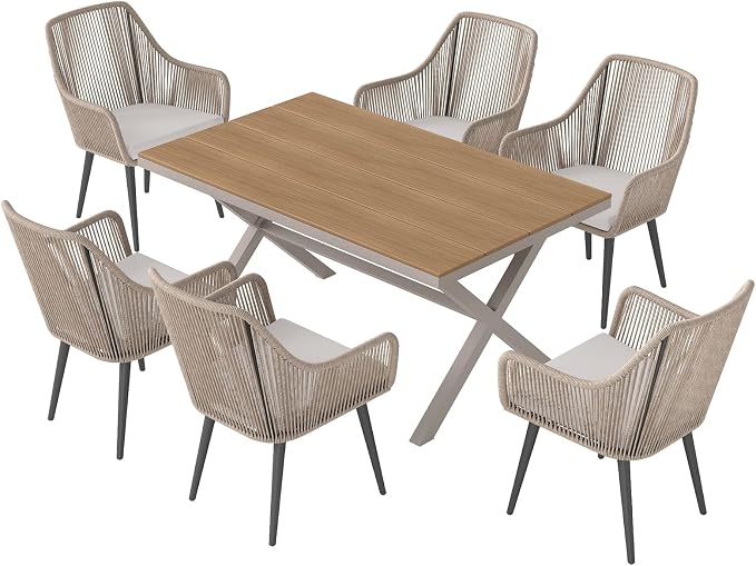 JOIVI 7 Piece Patio Dining Set for 6, All-Weather Outdoor Dining Furniture with Hand-Woven PE Rattan Chairs and Rectangular Dining Table, Outdoor Table and Chairs Set for Backyard, Porch, Tan