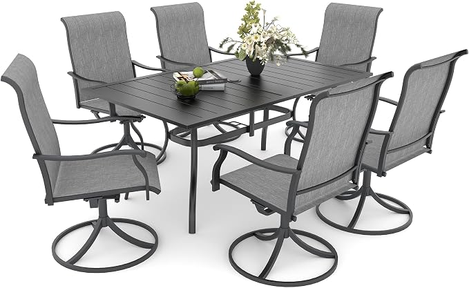 Anmutig 7-Piece Patio Dining Set, Outdoor Furniture 6 Sling Dining Swivel Chairs and Steel Frame Slat Larger Rectangular Table with 1.57" Umbrella Hole for Backyard, Grey