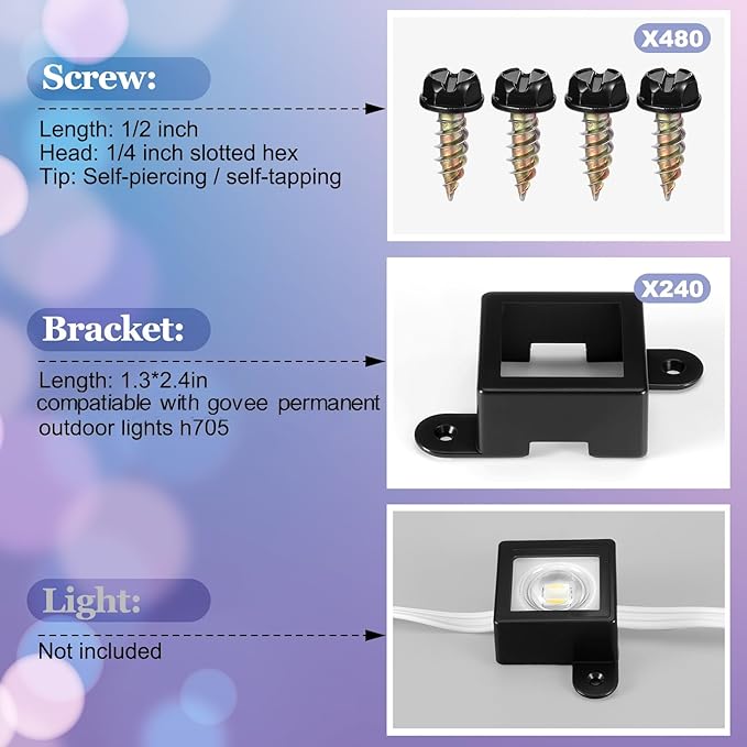 Beeveer 240 Light Clips for Govee H705 H805 with 490 Screws Mounting Clips Compatible with Govee Permanent Outdoor Lights Extension(Black)