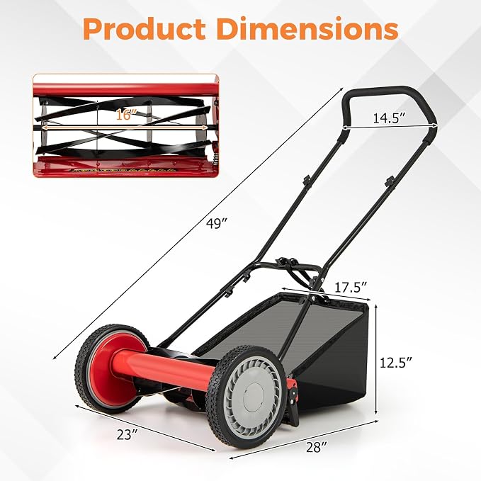 16" Manual Rear Mower, Push Lawn Mower with 5 Steel Blades, Adjustable Cutting Heights & Grass Catcher Bag, Walk-Behind Grass Cutter Lawn Sweeper for Garden, Park & Yard (Red)
