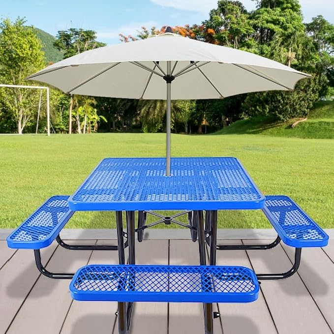 46" Square Commercial Picnic Table for 4-8 Person, Heavy Duty Metal Outdoor Picnic Table with Umbrella Hole for Coffee Shop, School, Hospital, Easy to Install, Blue