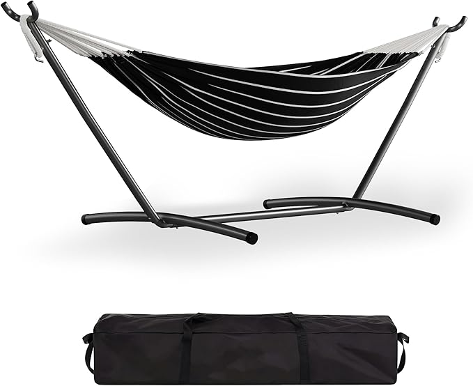 GarveeLife Double 2 Person Hammock, Indoor Outdoor Standing Hammock with Space Saving Steel Stand, Carry Bag, 450 LBS Weight Capacity, Suitable for Garden Camping Beach, Onyx