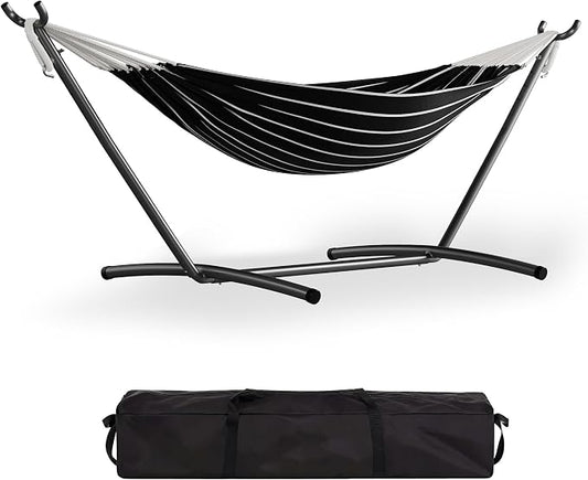 GarveeLife Double 2 Person Hammock, Indoor Outdoor Standing Hammock with Space Saving Steel Stand, Carry Bag, 450 LBS Weight Capacity, Suitable for Garden Camping Beach, Onyx