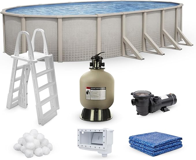 Lake Effect Pools 'Impressions' 15 ft x 30 ft Oval Above Ground Swimming Pool Bundle | 48 Inch Height | Steel Sided Walls | Kit Includes: 25 Gauge Liner, A-Frame Ladder, Sand Filter/Pump, & Skimmer