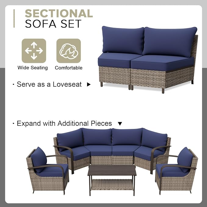 COOS BAY Aurora Terrace 7 Piece Outdoor Sectional Furniture Set, Half Moon Rattan Wicker Conversation Set with Swivel Chairs, 4 Seat Sofa, Coffee & Side Table for Patio Garden Yard, Beige/Blue