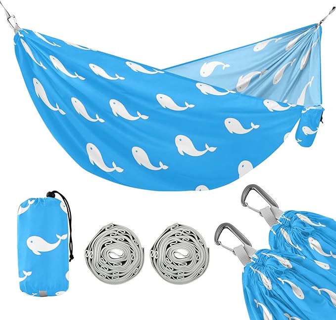 Camping Hammock Outdoor Hammocks for Outside Blue White Whales Beach Trees Portable Lightweight with Pockets Tree Straps Indoor Small