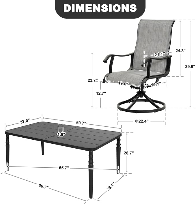 Nuu Garden 7-Piece Outdoor Dining Set, Large Metal Patio Dining Table with Umbrella Hole, Textilene Swivel Patio Chairs, Powder-Coated Patio Dining Set for Garden, Poolside, Deck, Black and Light Gray