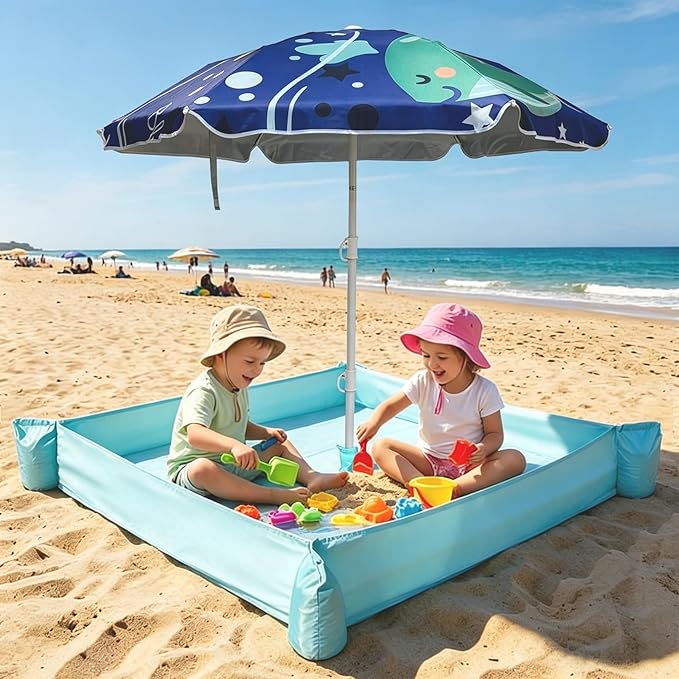 LOTTAFUN Beach Umbrella for Kids with Walled Blanket, Sandbox for Toddlers Lightweight Mat for Outdoors, Water Resistant, Portable and Lightweight for Sand and Grass