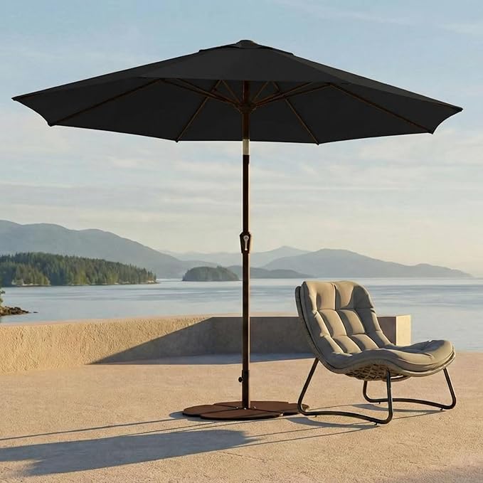 Kingdura 10FT Outdoor Patio Umbrella, Market Table Umbrella with Push Button Tilt and Crank, 8 Sturdy Fiberglass Ribs, UV Protection for Pool, Lawn, Deck, Backyard, Garden (Black)