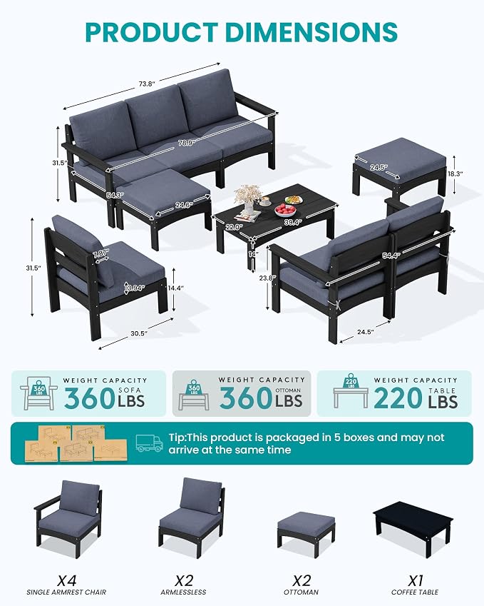 SERWALL 9 Pieces Patio Furniture Set, HDPE Outdoor Sectional Sofas, Outdoor Couch Set with Cushions and Coffee Table, Extra-Large Modular Conversation Set for Garden, Black Frame with Grey Cushion