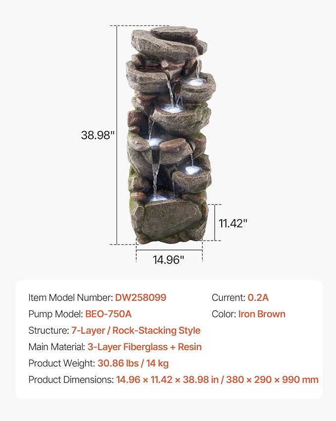 VEVOR Outdoor Water Fountain, 38.98 in Height Fountain and Waterfall, 7-Tier Floor Standing Rock-Shaped Cascading Fountains with LED Light and Pump, for Outdoor Indoor Garden, Home, Patio & Backyard