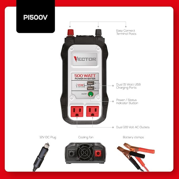Vector 500 Watt Power Inverter, PI500V, Dual Power Inverter, Two USB Charging Ports,Grey