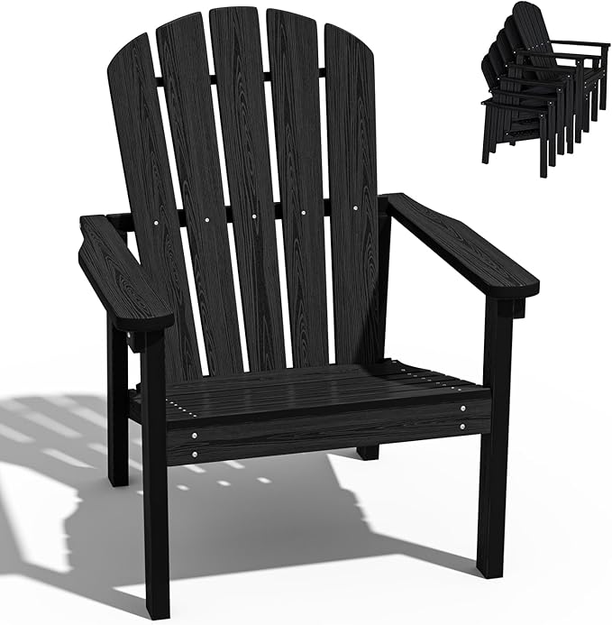 nevilywood Compact Stackable Adirondack Chairs,All Weather HDPE,380lb,Black | 26.3" Wide HDPE.All-Weather Outdoor.Maintenance-Free.Stackable for Storage.25°Curved Straight Backrest.Quick Assembly