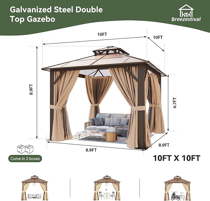 10’x10’ Hardtop Gazebo with Double Polycarbonate Roof Outdoor Metal Gazebo Sturdy Aluminum Frame & Removable Curtains, Netting Permanent Pavilion Pergola for Garden,Patio,Lawn (Brown)