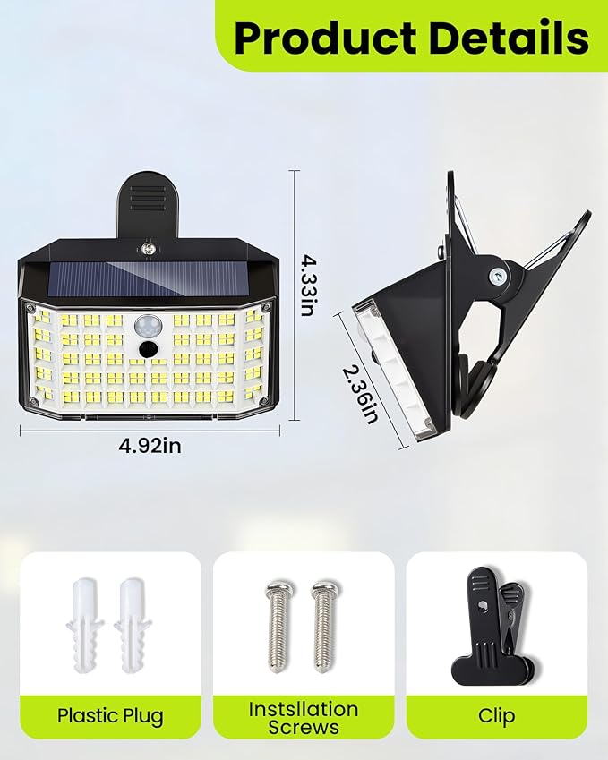 Clip on Solar Lights Outdoor with Motion Sensor, 800LM 176LED Solar Fence Lights Outdoor Waterproof, 3 Modes & Portable Security Lights for Chain Link Patio Deck Yard Garage (1Pack)