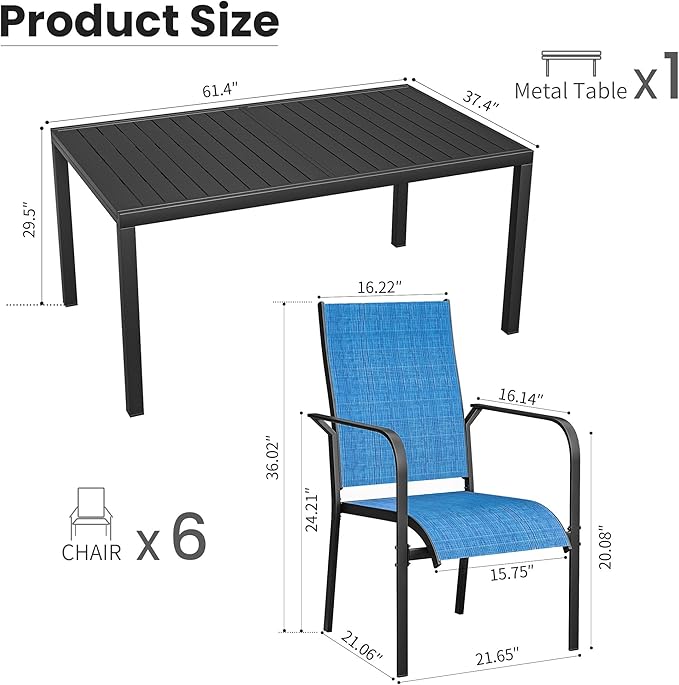 BUPPLEE 7-Piece Patio Dining Set with Expandable Rectangular Table (38"-84"), 6 Textilene Chairs, Outdoor Furniture for Garden, Deck, Backyard, Blue