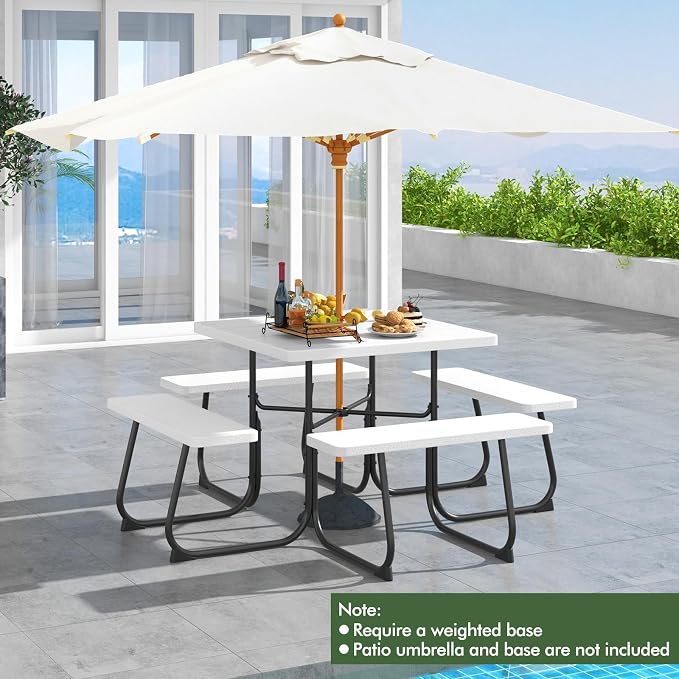 Square Picnic Table for 8 Person, Outside Table Bench Set w/ 4 Built-in Benches, Umbrella Hole, HDPE Top & Metal Frame, 2000LBS Capacity Outdoor Picnic Table for Garden, Porch, Patio (White)