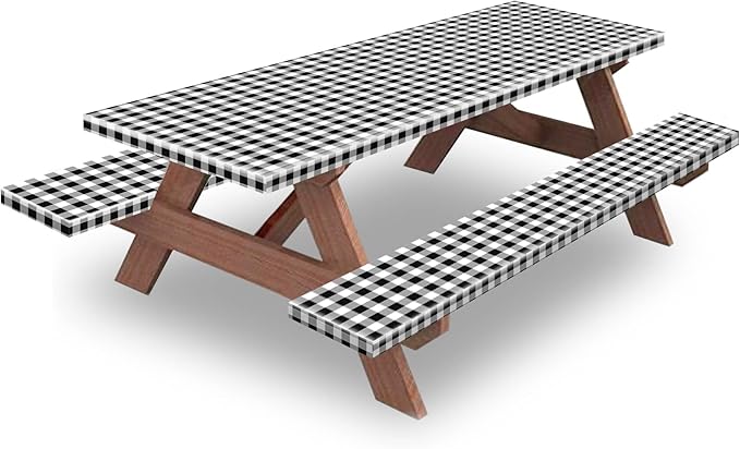 KENOBEE 8.5ft Picnic Table and Bench Cover, Camping Essentials RV Gear, 102 in Waterproof Windproof Outdoor Elastic All Around Tablecloth, Fitted Rectangle Tables and Seats, Black-White Checkered