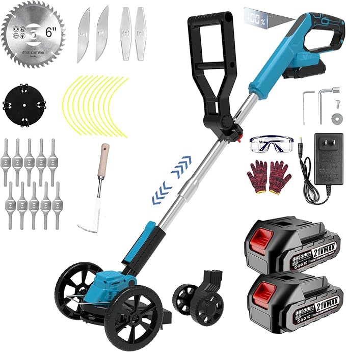 Cordless Weed Wacker Eater Electric Grass Trimmer Battery Powered with 2 Battery&25 Pcs Blade, 3 in 1 21V/2.0Ah Lightweight Portable String Trimmers/Edger Lawn Tool/Brush Cutter for Yard Garden