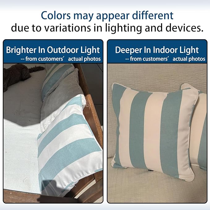 Outdoor Throw Pillow with Insert 18x18 Inch, Set of 2, Piping Edge Waterproof Fade Resistant Decorative Fluffy Pillows for Patio Furniture Chair Bench Couch Sofa - Teal Ivory Striped