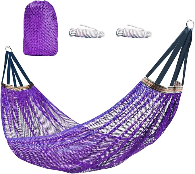Portable Camping Hammock, Cool Ice Silk Mesh Hammocks with Tree Straps Carry Bag, Single Hanging Sturdy Hammock for Travel Patio Garden. Up to 550lbs. Purple