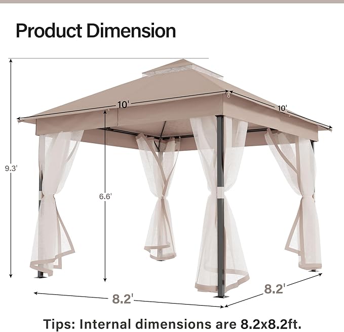 LAUSAINT HOME Patio Gazebo 10'x10', Outdoor Heavy Duty Party Tent Shelter with Double Roofs, Mosquito Nettings for Backyard, Garden, Lawn, Khaki