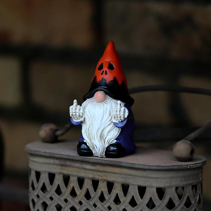 Halloween Middle Finger Gnome Statue with Skeleton Hands - Spooky Ghost Face Hat Resin Figurine 3.5in, Weather Resistant Indoor Outdoor Decor for Patio Yard Halloween Party, Novelty Edgy Gift