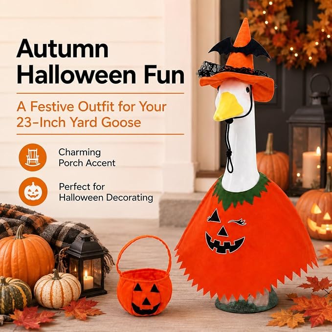 STONESTAR Halloween Porch Goose Outfits for 23'' Lawn Geese Statue Goose Costume with Witch Hat Pumpkin Outfits Candy Treat Bag, Outdoor Garden Goose Decor for Patio Yard Lawn Art Halloween Ornament