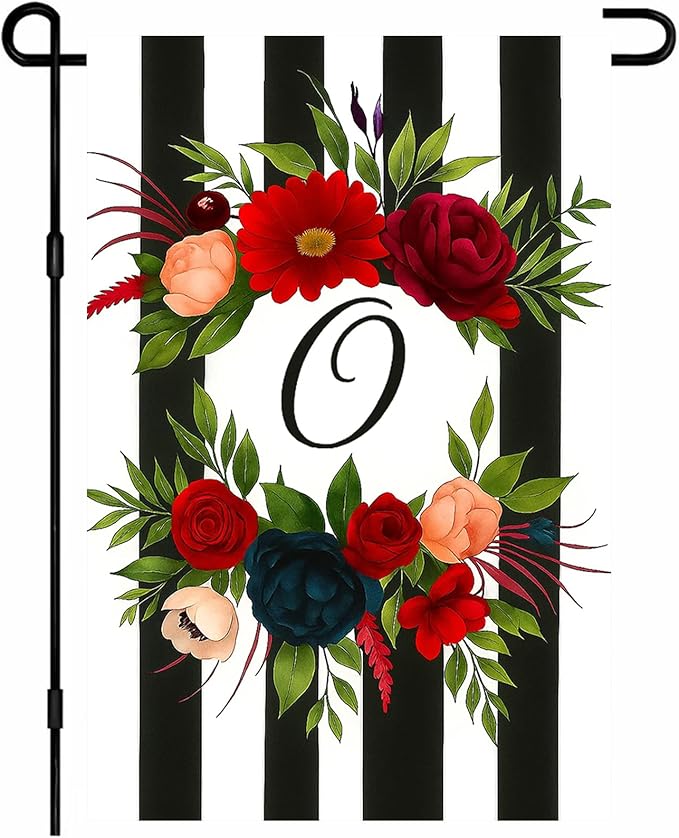 IVN Spring Floral Garden Flag With Mixed Flowers Letter O And Black And White Stripes Flower Circle Garden Flag Double Sided 12x18 Inch Vertical Farmhouse Yard Outdoor Decoration