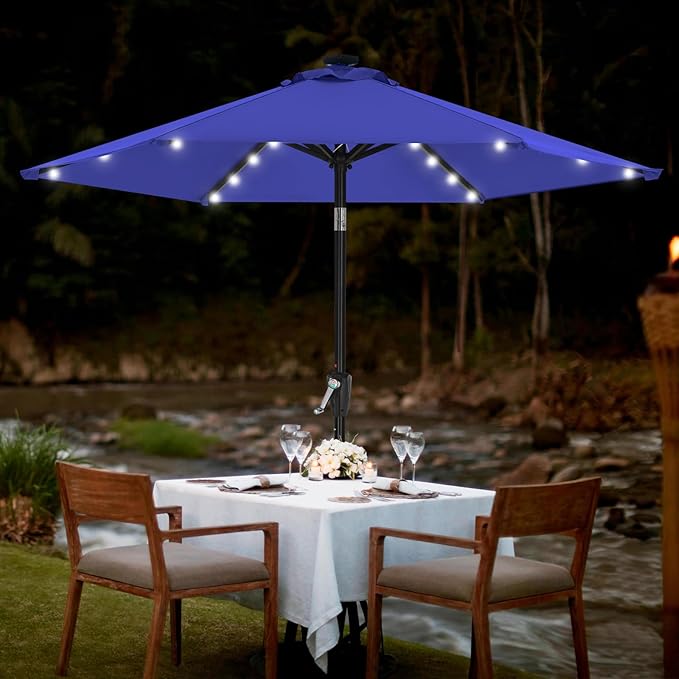 MASTERCANOPY 7.5FT 6Ribs Patio Umbrella with 32 Solar LED Lights, Outdoor Market Umbrella with Tilt & Crank, UV Protection & Fade Resistant Fabric, Easy Set-Up for Garden, Deck, Pool (Blue)
