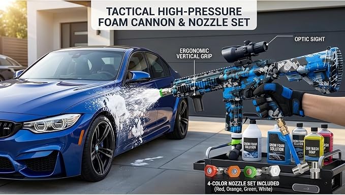 M416 Tactical Style 3600 PSI High Pressure Washer Gun - Foam Cannon Compatible with Swivel & 4 Nozzles - Airsoft Inspired Design for Car Cleaning & Outdoor Use (Blue)