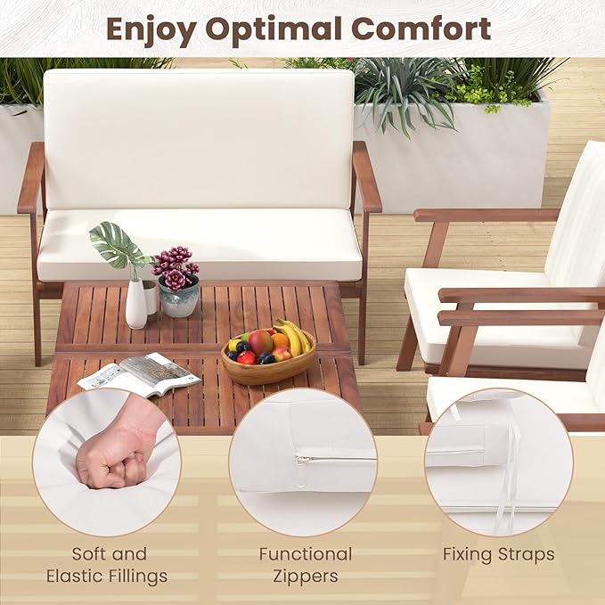Tangkula 4 Piece Outdoor Conversation Set, Acacia Wood Sofa Set with Soft Seat & Back Cushions, Rectangle Coffee Table Patio Wood Furniture Set for Backyard, Poolside, Garden (2, Off White)