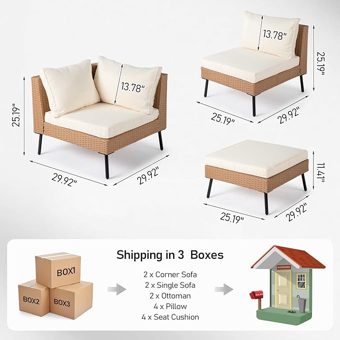 Outvita 6 Pieces Patio Furniture Set, All-Weather Outdoor Sectional Patio Sofa PE Rattan Manual Weaving Wicker Conversation Set with Ottoman & Adjustable Feet & Pillow & Seat Cushion, White & Yellow