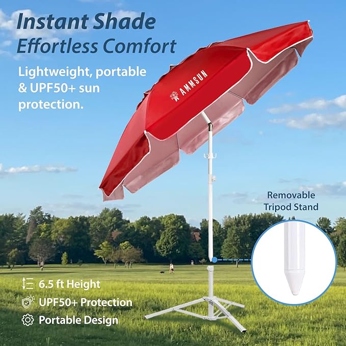 AMMSUN Shade Umbrella, Premium Portable Umbrella with Stand, 6.5ft Lightweight Free Standing Canopy for Sporting Games, Adjustable Instant Sun Protection and Easy to Carry, Red